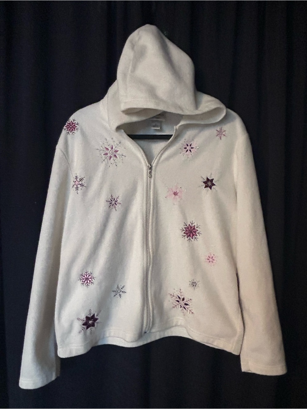 White Hooded Zip-Up Jacket with Pink & Purple Snowflake Embroidery